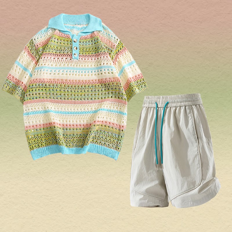 Gestreiftes Poloshirt aus offenem Strick, schnelltrocknende Shorts mit Kordelzug, passendes Outfit von Modakawa - Two Pieces Set C - 2XL - image 3