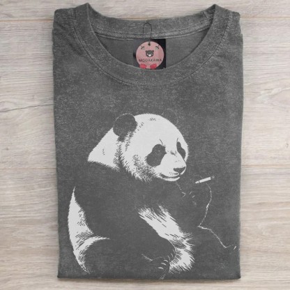 MODAKAWA Smoking Panda Grafik Unisex Vintage Washed T-Shirt - Grey - 5XL - image 2