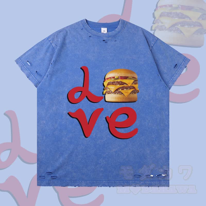 MODAKAWA LOVE Hamburger Grafik Zerrissenes T-Shirt - Blau - 2XL - image 3