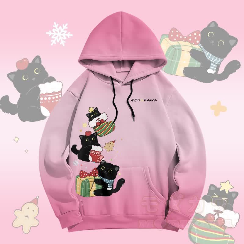 MODAKAWA Pullover-Hoodie mit Farbverlauf und Weihnachtsmotiv: Schwarze Katze mit Allover-Print - Rosa - 5XL - image 3