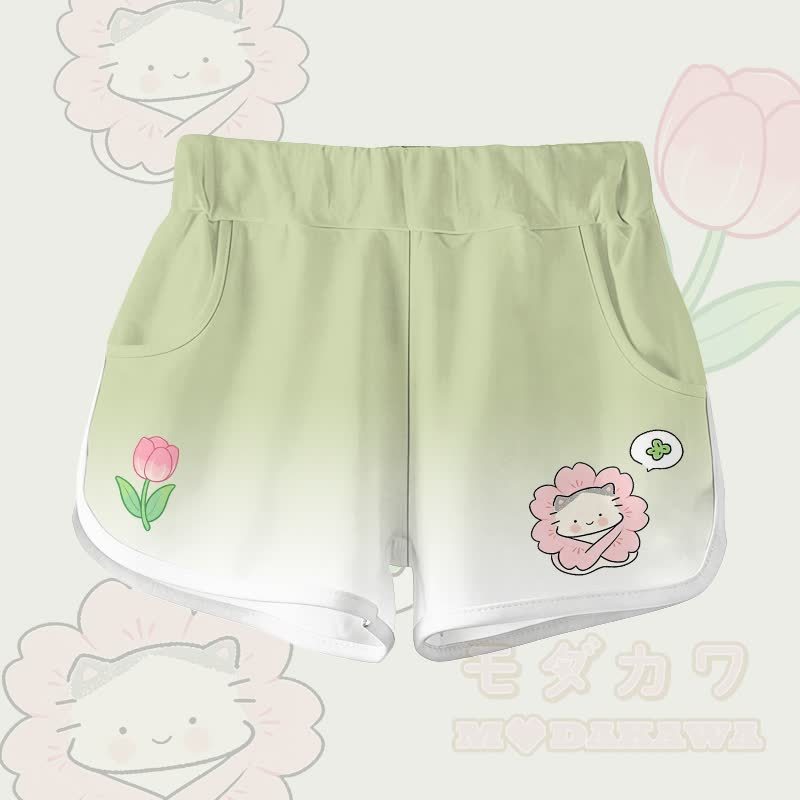 Zweiteiliges Set von Modakawa: T-Shirt aus 100 % Baumwolle mit Blumen-Katzenmotiv und Farbverlauf-Shorts - Milchgrüne Shorts - 5XL - image 5