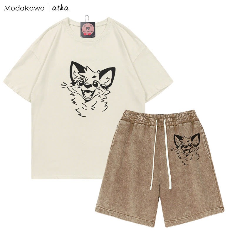 MODAKAWA X atka T-Shirt mit fröhlicher Fuchsgrafik und verwaschenen Vintage-Shorts, zweiteiliges Set - Beige&Brown - 3XL - image 3