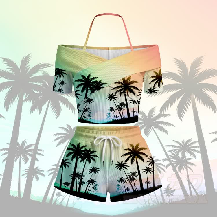 Modakawa Set mit Palmen-Sonnenuntergangs-Print: Off-Shoulder-Top und Shorts mit Farbverlauf - Orange Set - 5XL - image 5