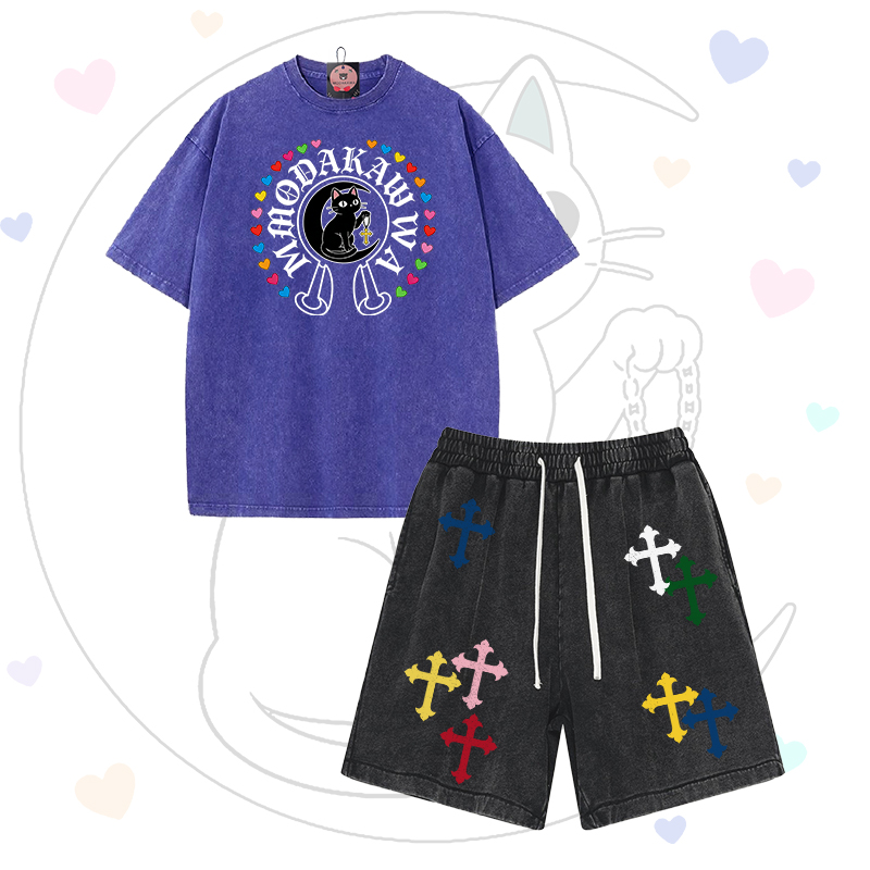 Modakawa Vintage Washed T-Shirt und Shorts, zweiteiliges Set mit schwarzer Katzengrafik - Set B - 3XL - image 2
