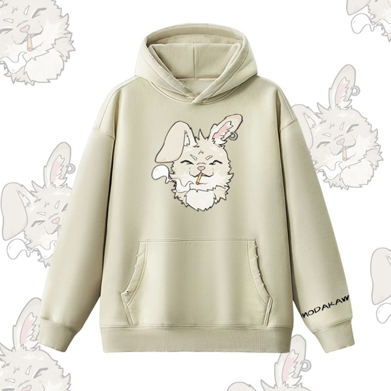 MODAKAWA Smoking Bunny Grafik Vintage Washed Fleece Lined Hoodie - Beige - 2XL - image 6