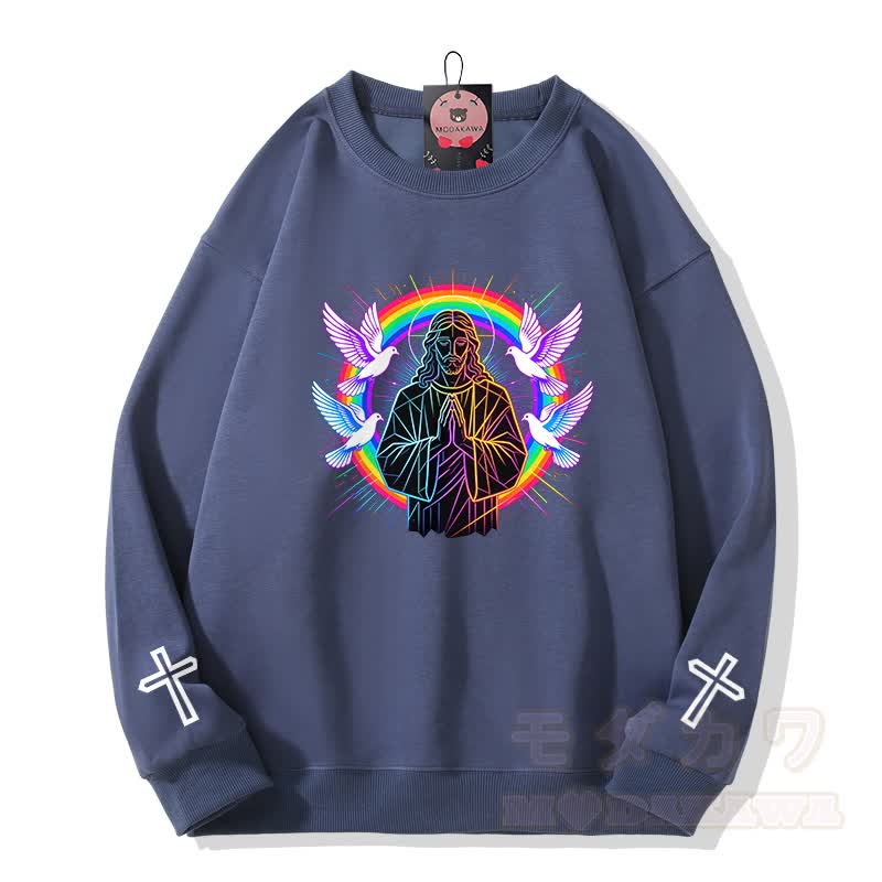 Modakawa Sweatshirt mit Gebetstauben-Kreuz-Grafik - Staubiges Blau - 5XL - image 4