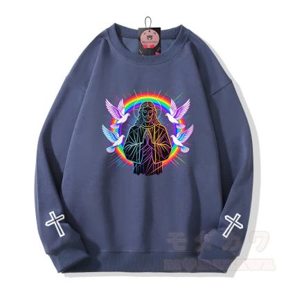 Modakawa Sweatshirt mit Gebetstauben-Kreuz-Grafik - Staubiges Blau - 5XL - image 4