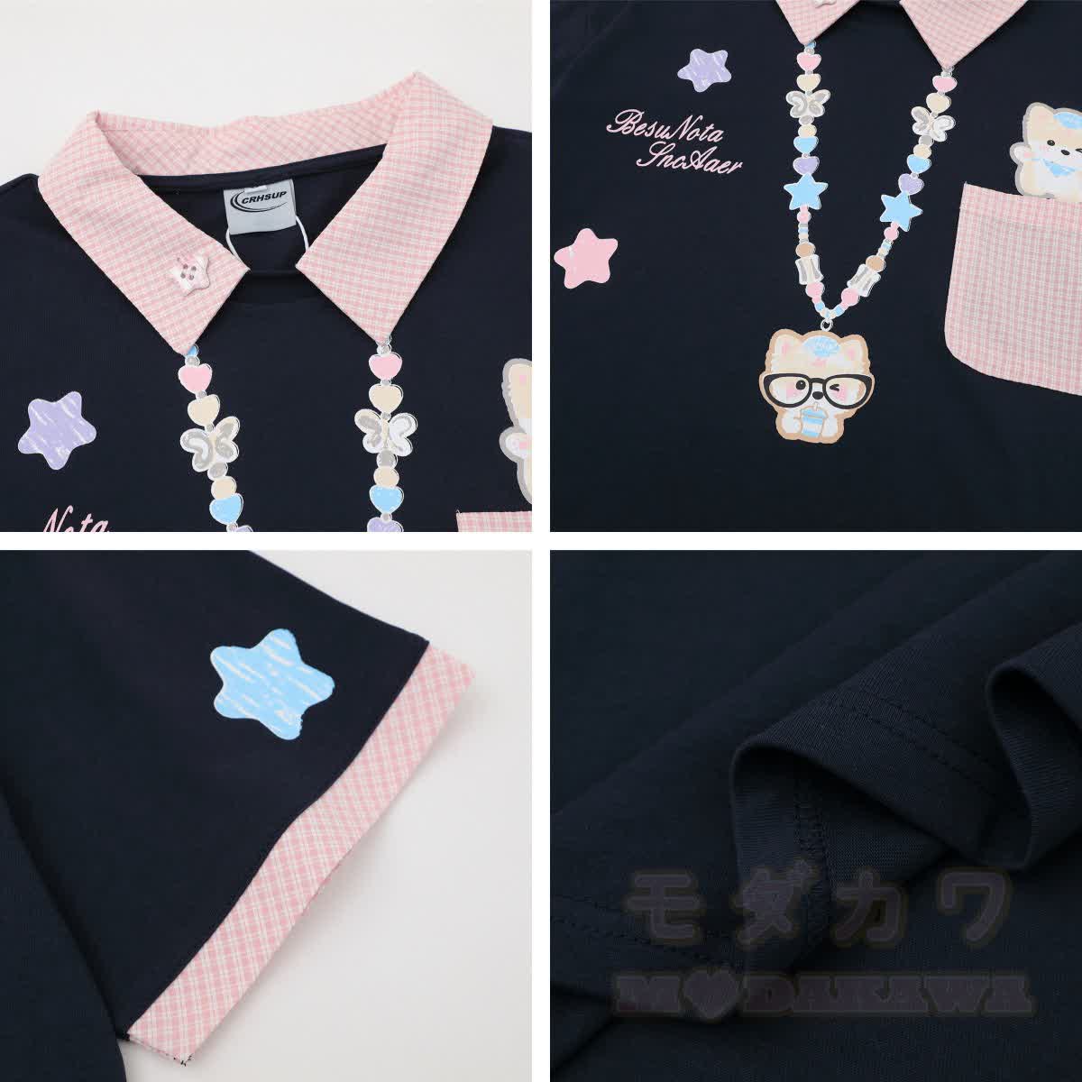 Vintage Polo-Shirt mit Cartoon-Welpen- und Halsketten-Print - image 3
