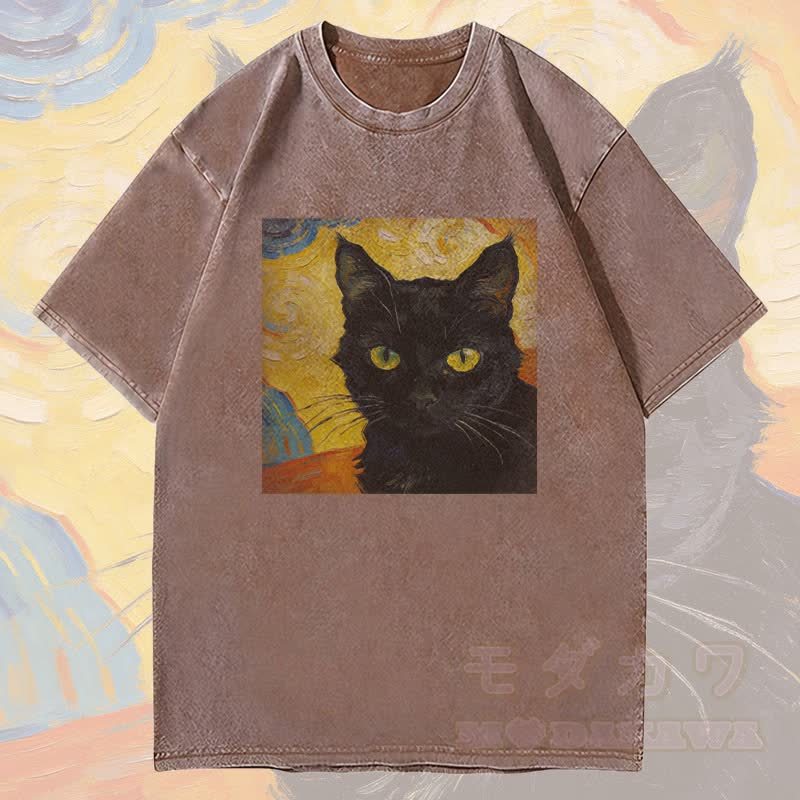 MODAKAWA Schwarzes Katzenporträt Grafik Unisex Vintage Washed T-Shirt - Braun - 4XL - image 3