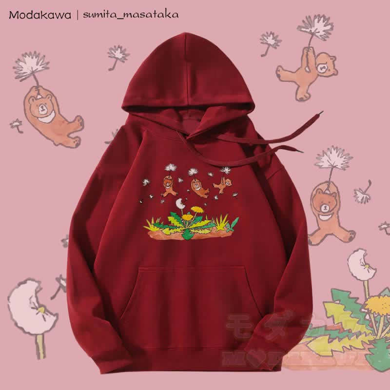 MODAKAWA X sumita_masataka Bären schwimmen mit Löwenzahn Grafik Fleecegefütterter Hoodie - Weinrot - 5XL - image 3