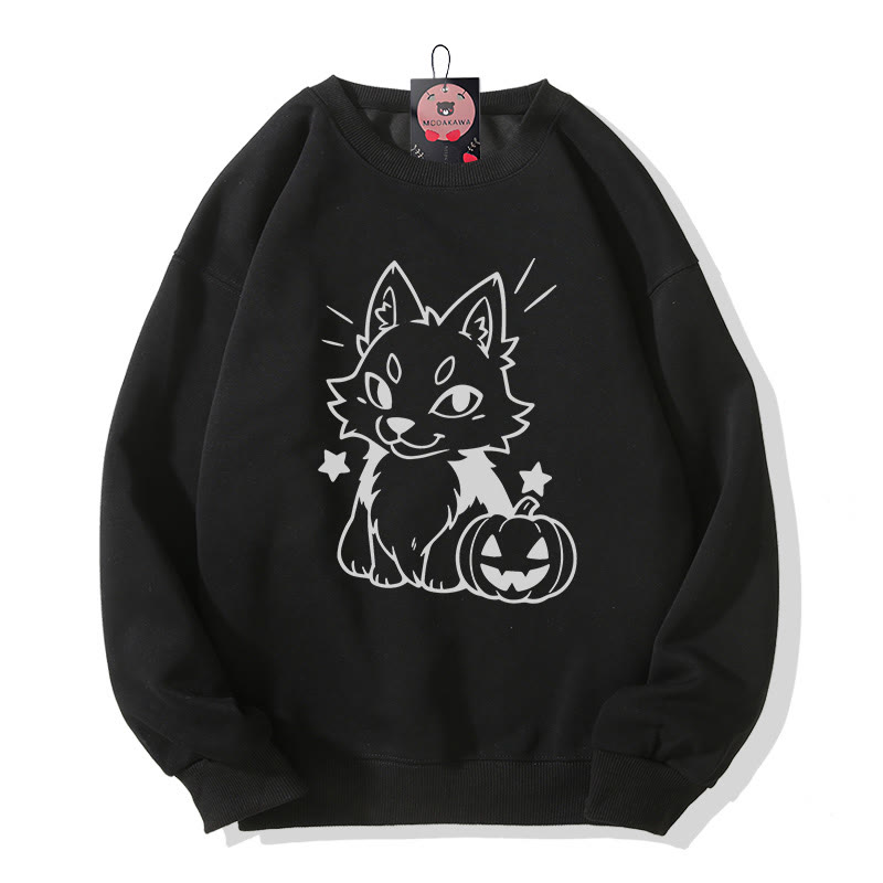 Sweatshirt mit verspieltem Fuchs-Kürbis-Halloween-Motiv und Rundhalsausschnitt - Black - 5XL - image 3
