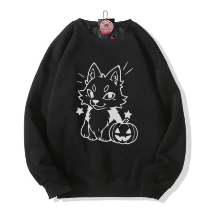 Sweatshirt mit verspieltem Fuchs-Kürbis-Halloween-Motiv und Rundhalsausschnitt - Black - 5XL - image 3