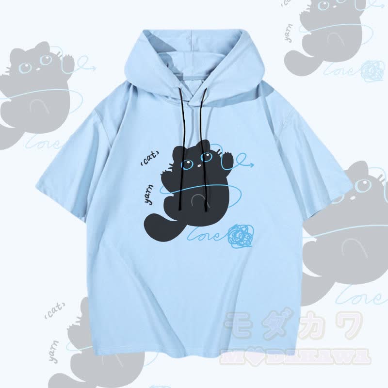 MODAKAWA Kurzarm-Hoodie mit Katzenmotiv und Garngrafik - Blau - 3XL - image 4