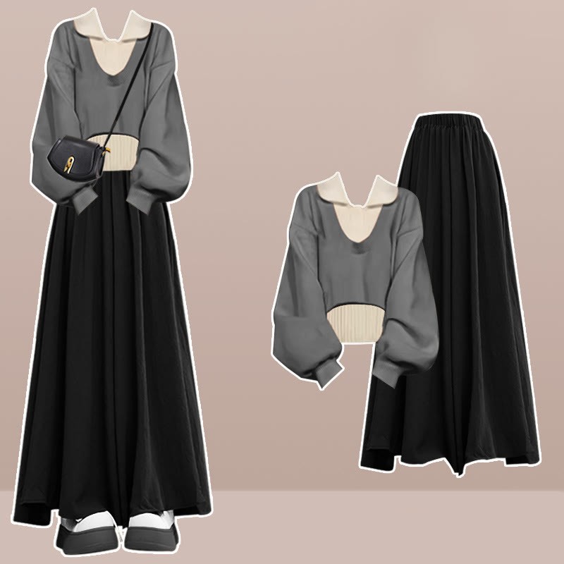 Dreiteiliges Set mit ärmellosem Strick-Oberteil und weitem Hosenrock - Grau - XL - image 3