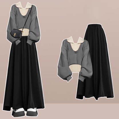 Dreiteiliges Set mit ärmellosem Strick-Oberteil und weitem Hosenrock - Grau - XL - image 3