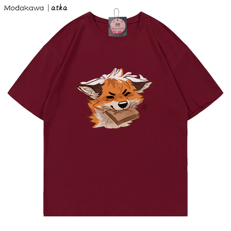 MODAKAWA X atka Fox Biting Bread Grafik-T-Shirt - Wine Red - 5XL - image 6