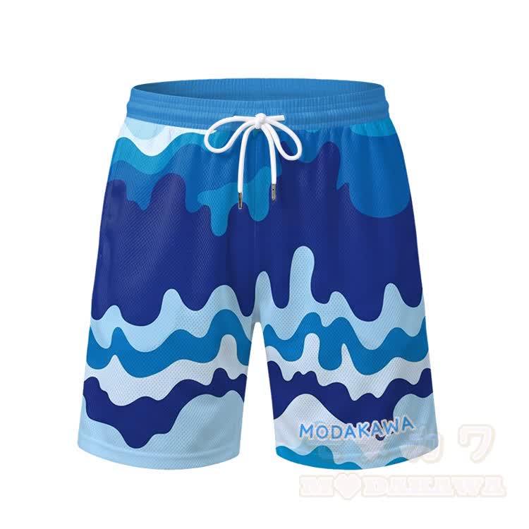 Couples Wave Print Modakawa Two Piece Bikini Swimsuit & Men's Beach Swim Shorts - Blue Shorts - 5XL - image 5
