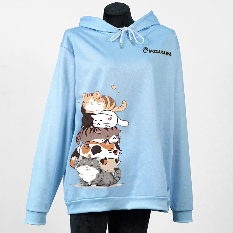 Modakawa-Hoodie mit gestapeltem Katzenmotiv und Buchstabenprint - Blue - 6XL - image 3
