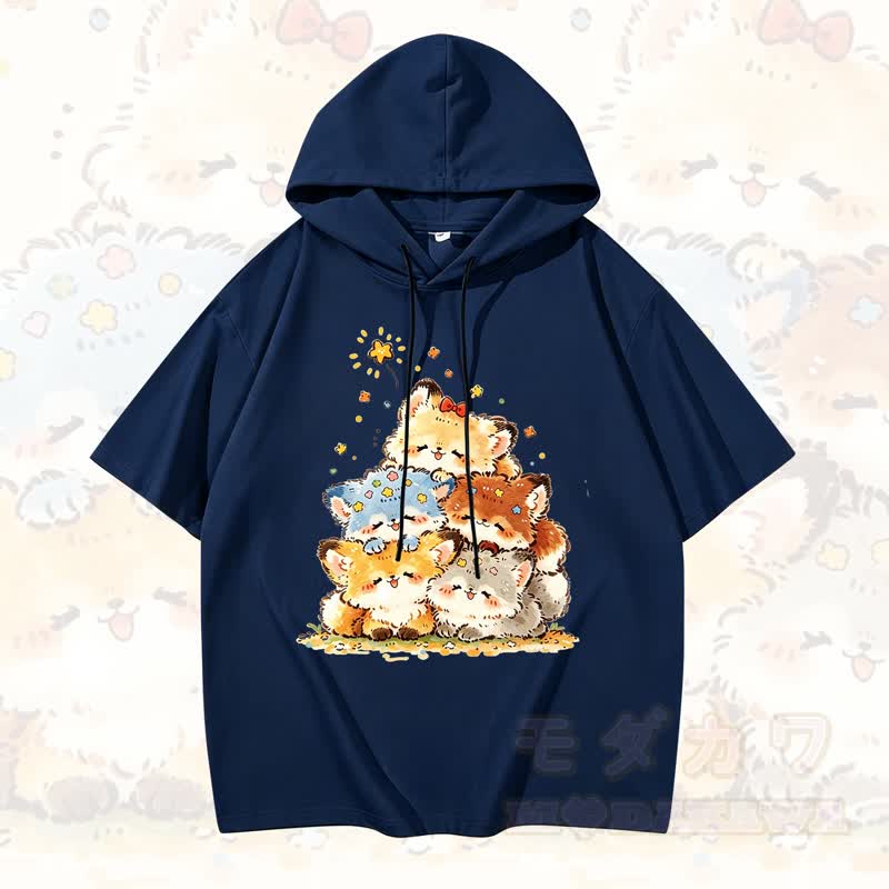 MODAKAWA Kurzarm-Hoodie mit lustigem Katzenmotiv – Lustiger Katzen-Hoodie - Marine - 3XL - image 3