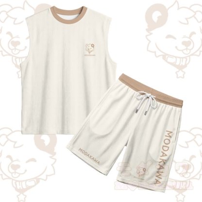 Ärmelloses, schnelltrocknendes Tanktop mit Bärenmotiv und passender Hose von Modakawa - Aprikosen-Set - 5XL - image 14