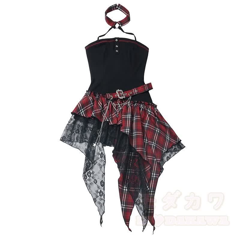 Gothic-Kleid mit transparentem Netzoberteil und Karomuster, zweiteilig - image 9
