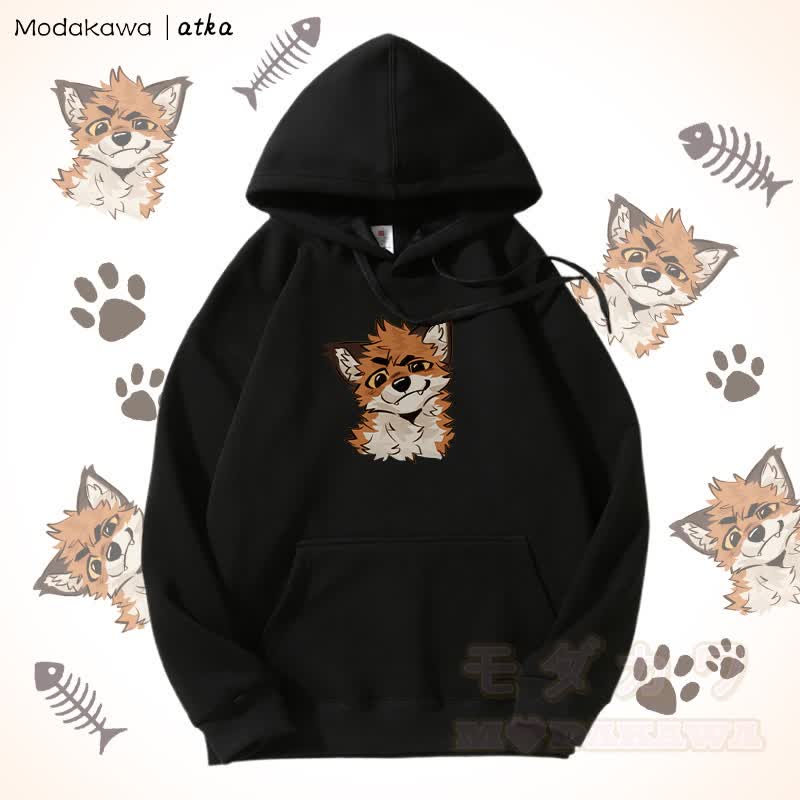 Kapuzenpullover mit lustigem Fuchs-Motiv und Fleecefutter - Schwarz - 5XL - image 9