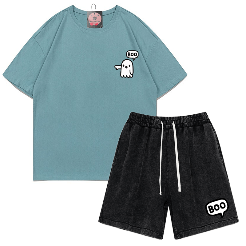 Zweiteiliges Set mit T-Shirt und Vintage-Waschung im Ghost-Print - Blaugrün & Schwarz - 3XL - image 12