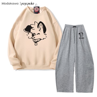 MODAKAWA X popipeko Sweatshirt mit Zungen-Welpen-Grafik, weit geschnittene Hose, zweiteiliges Set - Apricot&Dark Grey - 5XL - image 4