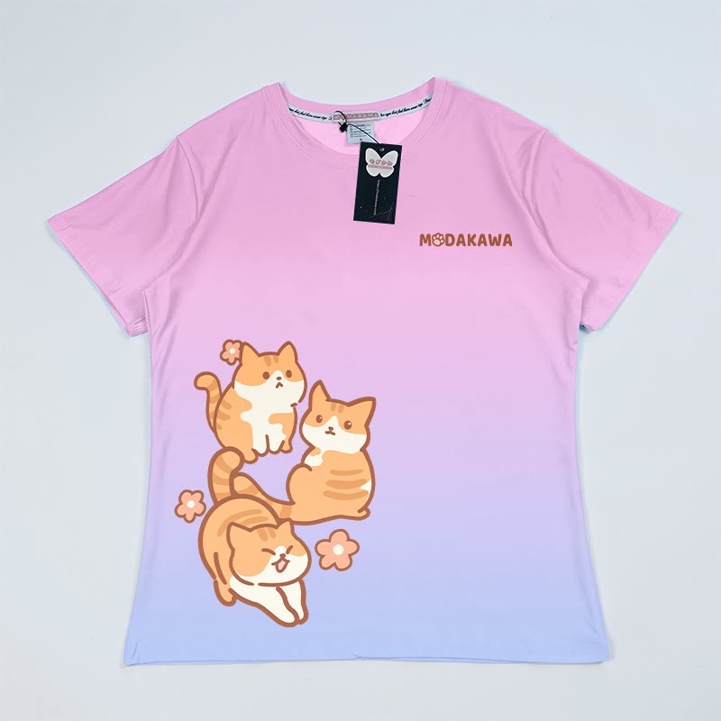 T-Shirt mit Farbverlauf und Kätzchen-Grafik - Rosa&Blau - 5XL - image 3