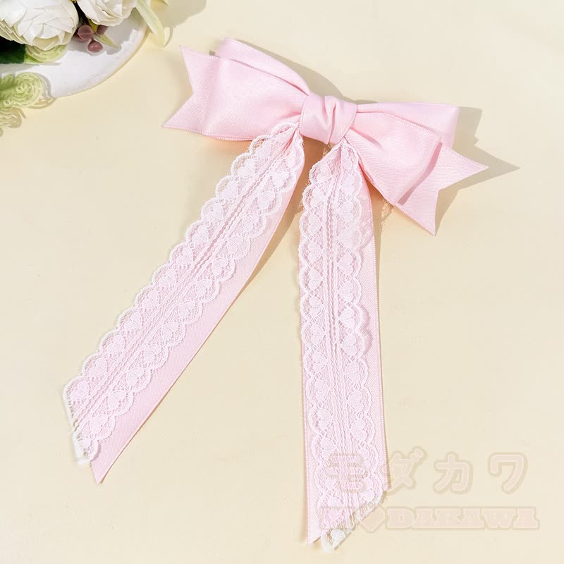 Süßes Mädchen Haarspange aus Spitze, Satin, langem Bänder und Schleife - Rosa - image 5