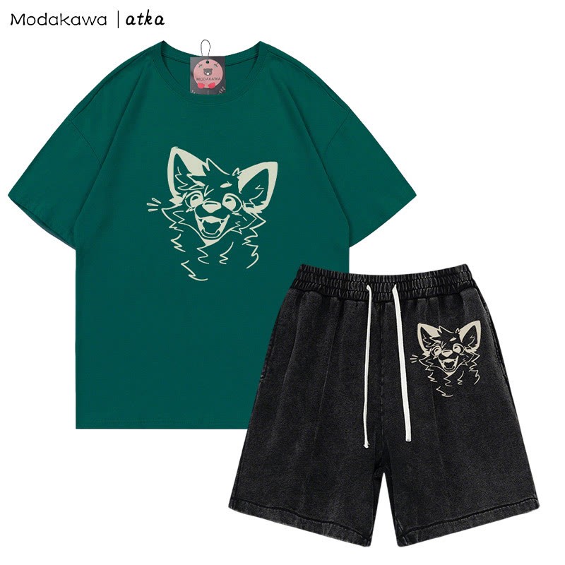 MODAKAWA X atka T-Shirt mit fröhlicher Fuchsgrafik und verwaschenen Vintage-Shorts, zweiteiliges Set - Olive Green&Black - 3XL - image 9