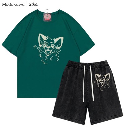 MODAKAWA X atka T-Shirt mit fröhlicher Fuchsgrafik und verwaschenen Vintage-Shorts, zweiteiliges Set - Olive Green&Black - 3XL - image 9