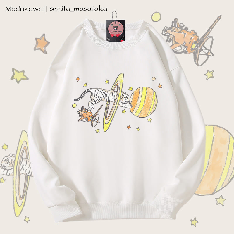 MODAKAWA X sumita_masataka Unisex-Sweatshirt mit Grafik: Weißer Tiger durch die Saturnringe - White - 5XL - image 2