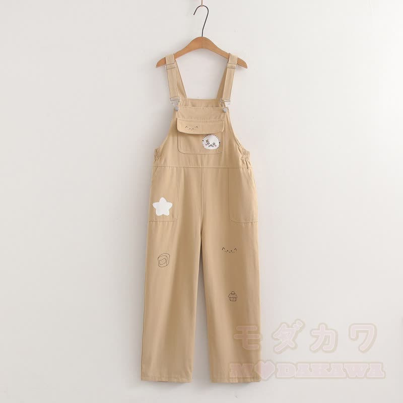 Zweiteiliges Set aus weißem Kurzarm-T-Shirt im College-Stil mit Print und weitem Bein sowie bedruckter Latzhose. - Khakifarbene Overalls - XL - image 12