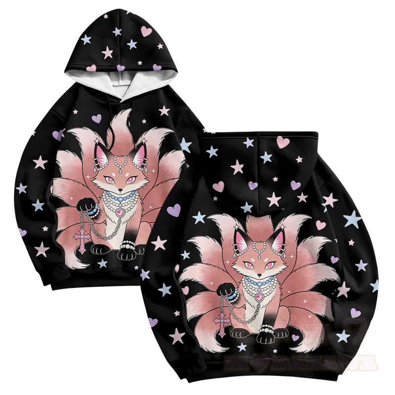 Modakawa Pullover Hoodie mit Grafik eines neunschwänzigen Fuchses - Schwarz - 6XL - image 3