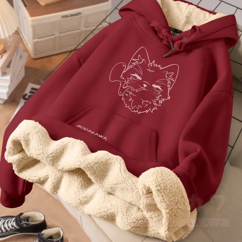 MODAKAWA Winterhoodie mit Raucherkatzen-Motiv, dick gefüttert mit Fleece - Weinrot - 2XL - image 3