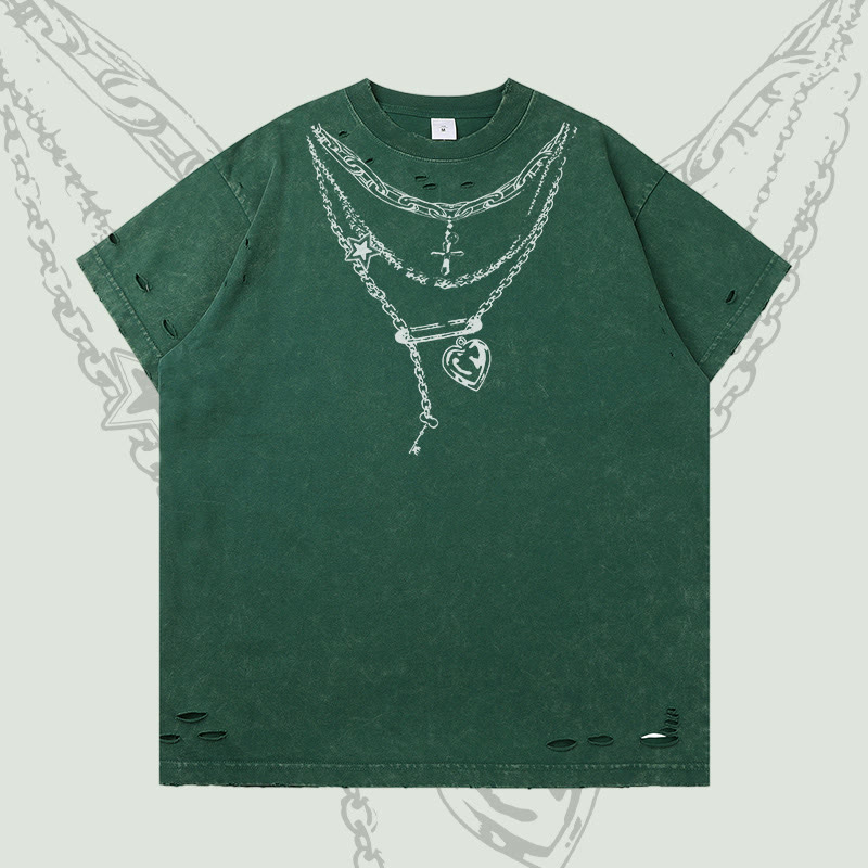 Modakawa Ripped T-Shirt mit Kettenmotiv - Dark Green - 2XL - image 3
