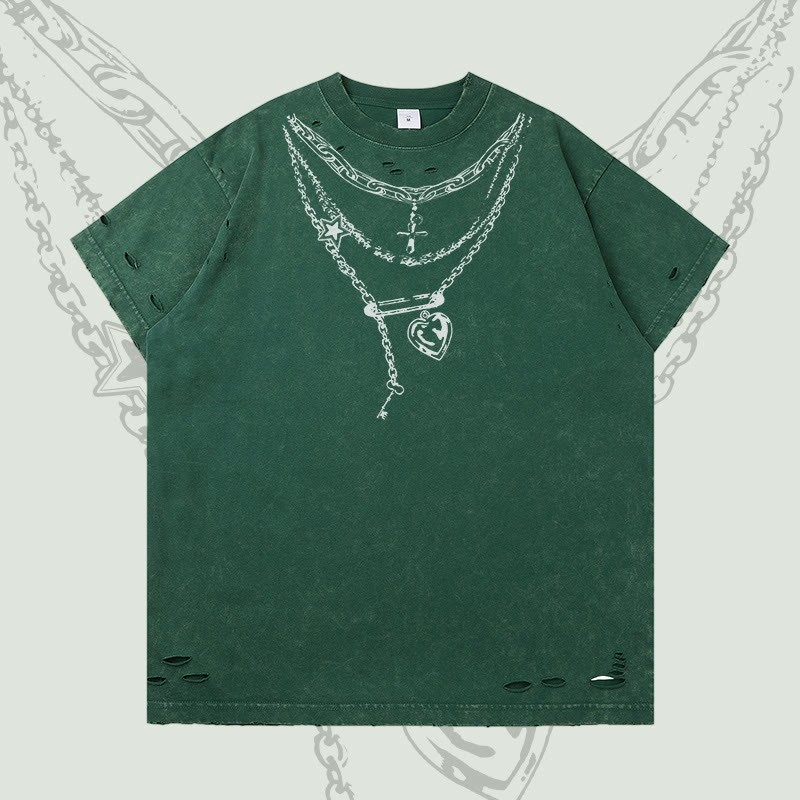 Modakawa Ripped T-Shirt mit Kettenmotiv - Dark Green - 2XL - image 3
