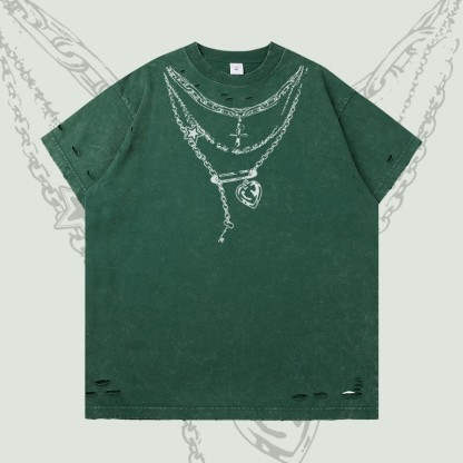 Modakawa Ripped T-Shirt mit Kettenmotiv - Dark Green - 2XL - image 3