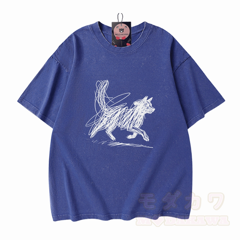 Modakawa Vintage T-Shirt mit Welpenmotiv, gewaschen aus 100 % Baumwolle - Blau - 5XL - image 4