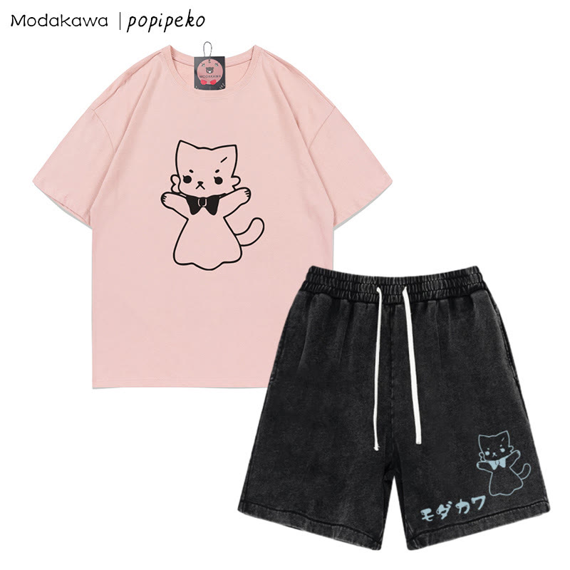Zweiteiliges Set mit T-Shirt mit Kitty-Grafik und verwaschenen Vintage-Shorts - Pink&Black - 3XL - image 9