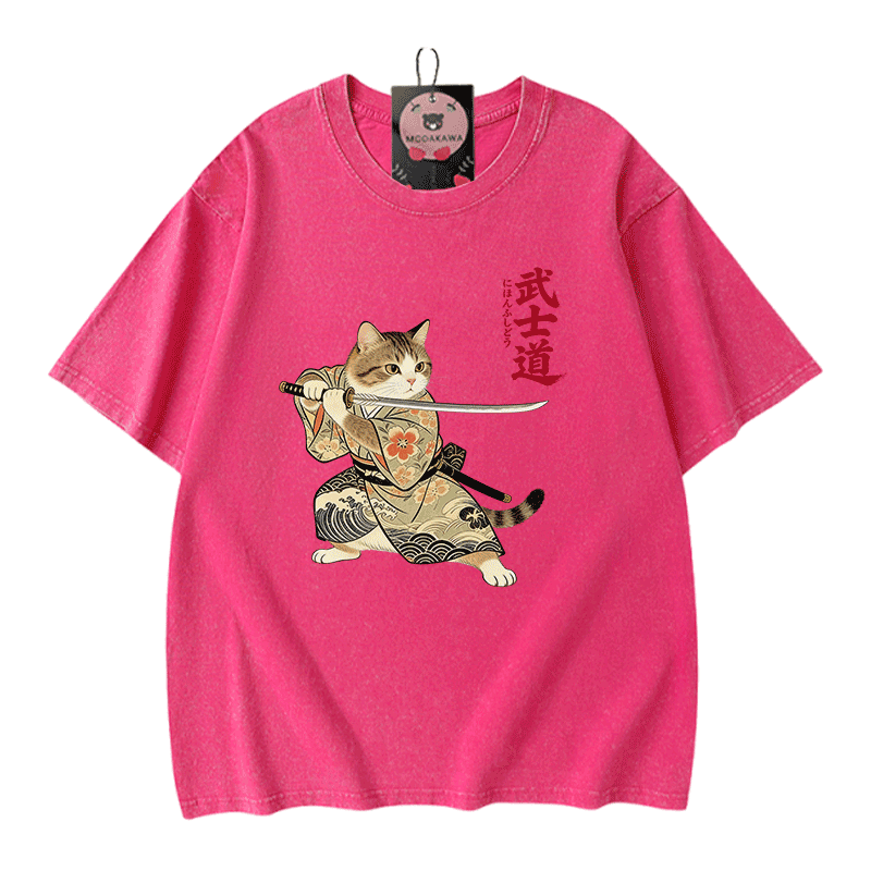 Samurai-Katzen-Grafik Modakawa Vintage gewaschenes T-Shirt aus 100 % Baumwolle - Rose Red - 5XL - image 5