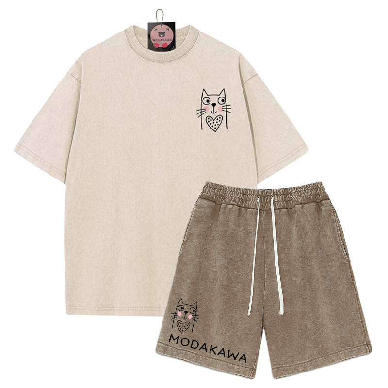 T-Shirt mit Kitty-Print, verwaschene Vintage-Shorts, zweiteiliges Set von MODAKAWA - Apricot&Brown - 3XL - image 5