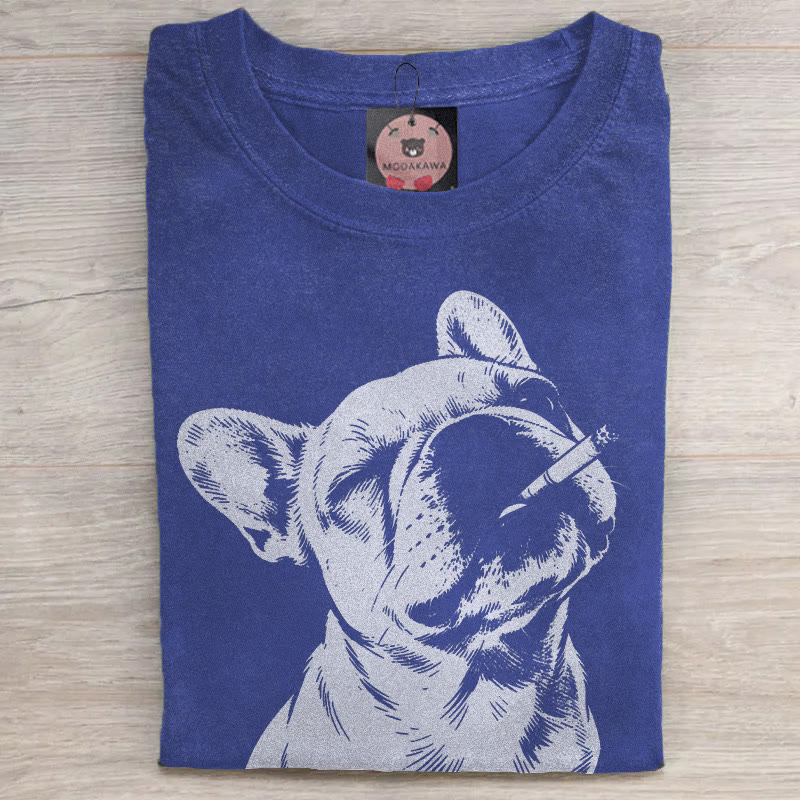 MODAKAWA Smoking Bulldog Grafik Unisex Vintage Washed T-Shirt - Blue - 5XL - image 3