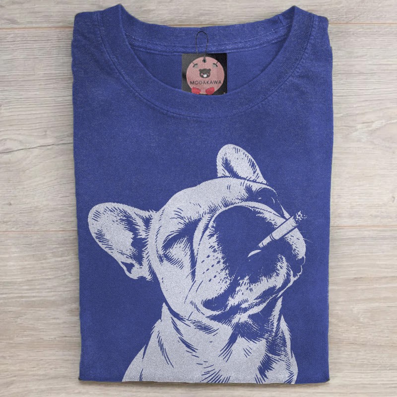 MODAKAWA Smoking Bulldog Grafik Unisex Vintage Washed T-Shirt - Blue - 5XL - image 3