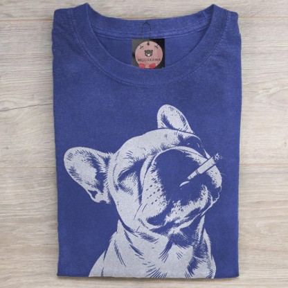 MODAKAWA Smoking Bulldog Grafik Unisex Vintage Washed T-Shirt - Blue - 5XL - image 3