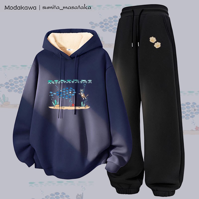 MODAKAWA X sumita_masataka Zweiteiliges Set: Hoodie und Hose mit Tauchkatzen-Motiv, dick mit Fleece gefüttert - Purplish Blue&Black - 5XL - image 3