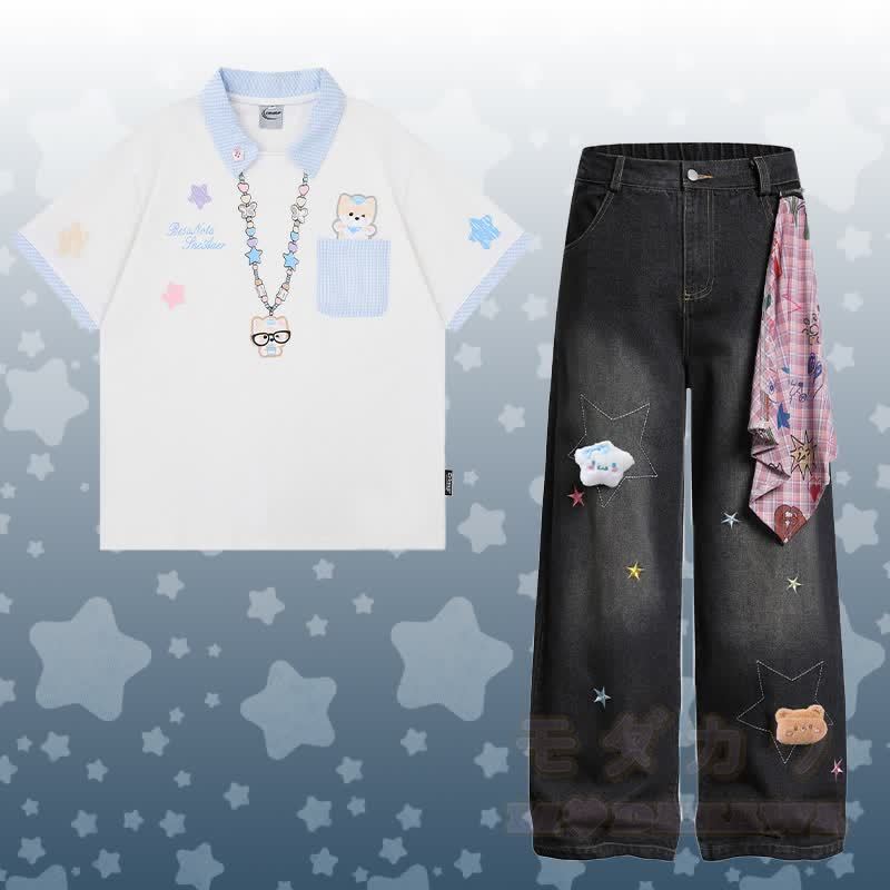 Polo-Shirt mit Welpenmotiv, Sternen-Jeans, Modakawa-Partnerlook - Satz C - XL - image 7