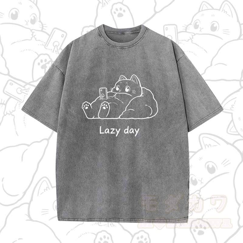 MODAKAWA LAZY DAY Kurzarm-T-Shirt mit niedlichem Katzenprint - Grau B - 5XL - image 3