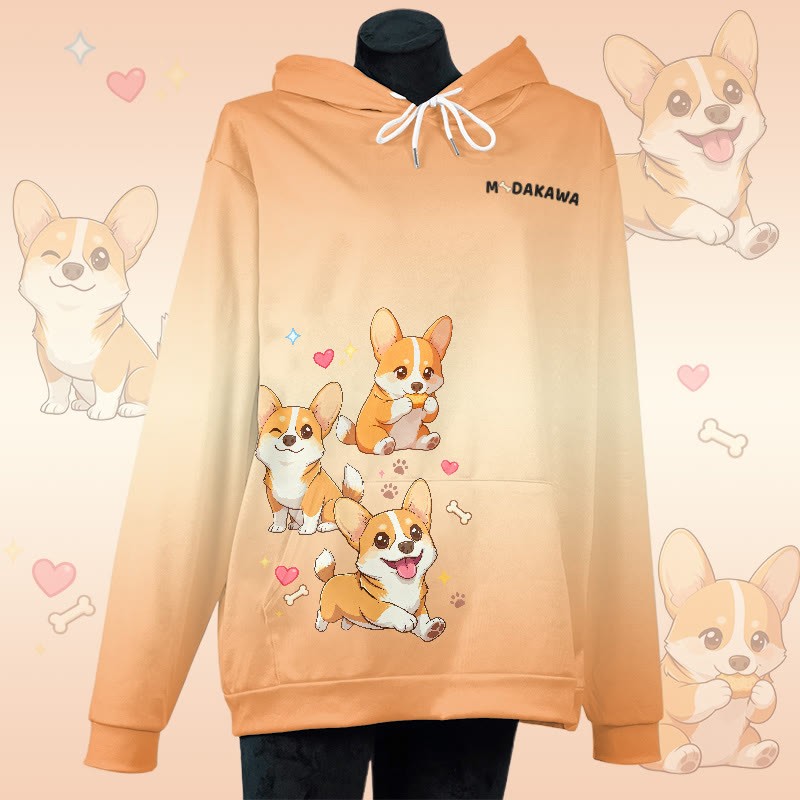 MODAKAWA Pullover-Hoodie mit fröhlichem Corgi-Grafikprint und Farbverlauf - Orange - 8XL - image 3